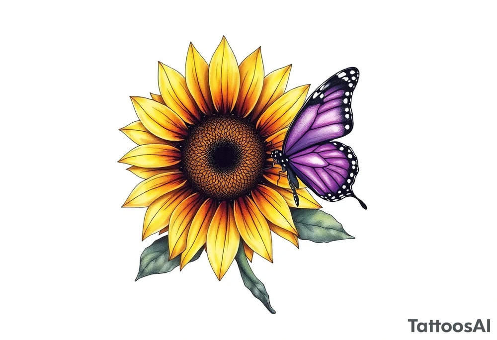Sunflower with purple butterfly on side tattoo idea