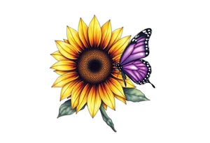 Sunflower with purple butterfly on side tattoo idea