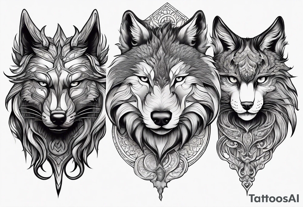 three animal heads merged: 

1. A chinese dragons head (on the left)
2. A Feline cats head(in the middle)
3. A Wolves Head (on the right) tattoo idea