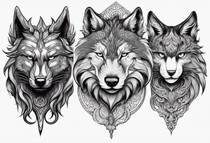 three animal heads merged: 

1. A chinese dragons head (on the left)
2. A Feline cats head(in the middle)
3. A Wolves Head (on the right) tattoo idea