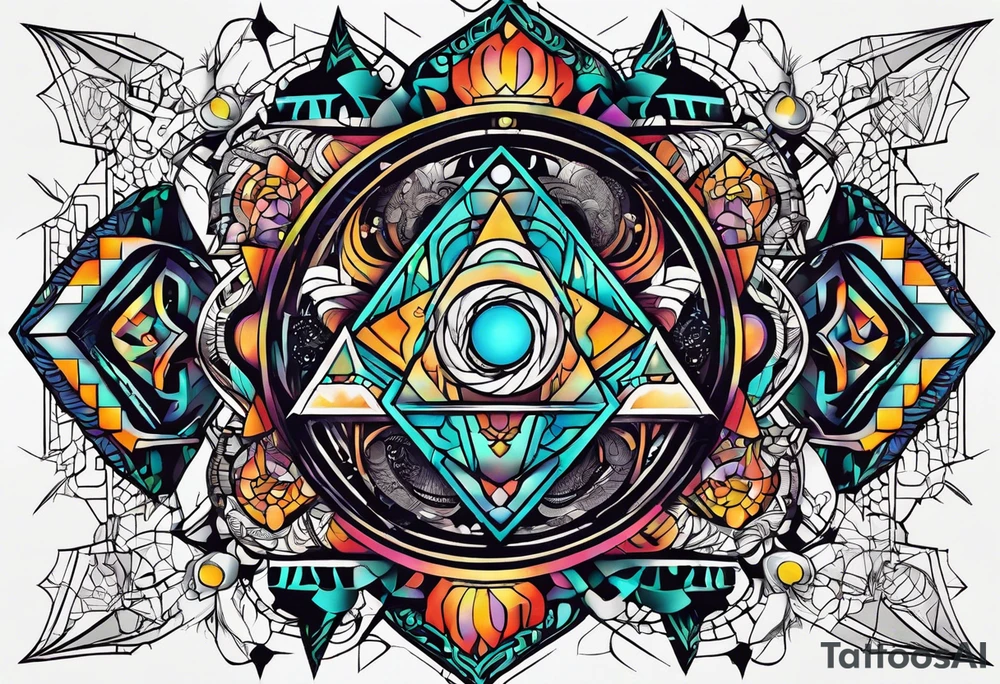 A tattoo design featuring geometric patterns and symbols inspired by psytrance and techno music, creating a unique and futuristic look. tattoo idea