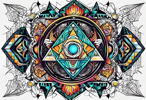 A tattoo design featuring geometric patterns and symbols inspired by psytrance and techno music, creating a unique and futuristic look. tattoo idea