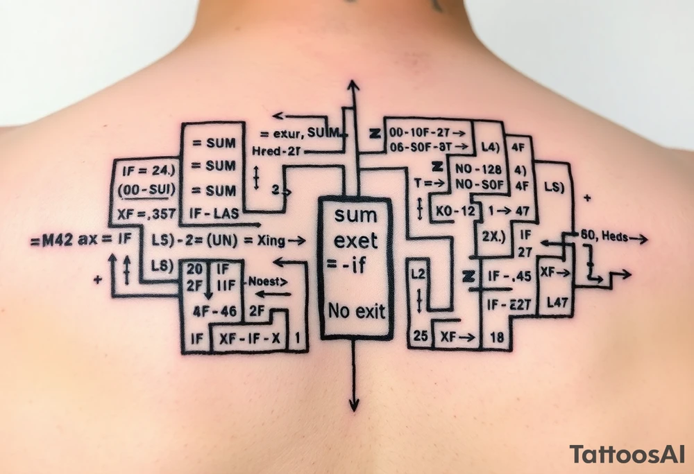 "Rat maze tattoo made of Excel formulas (=SUM, =IF). Exit door says 'No Exit' in Calibri font. Black ink, schematic style." tattoo idea