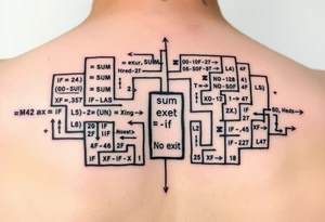 "Rat maze tattoo made of Excel formulas (=SUM, =IF). Exit door says 'No Exit' in Calibri font. Black ink, schematic style." tattoo idea