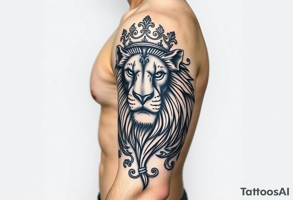 majestic lion wearing ornate crown, surrounded by baroque flourishes tattoo idea