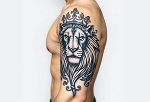 majestic lion wearing ornate crown, surrounded by baroque flourishes tattoo idea