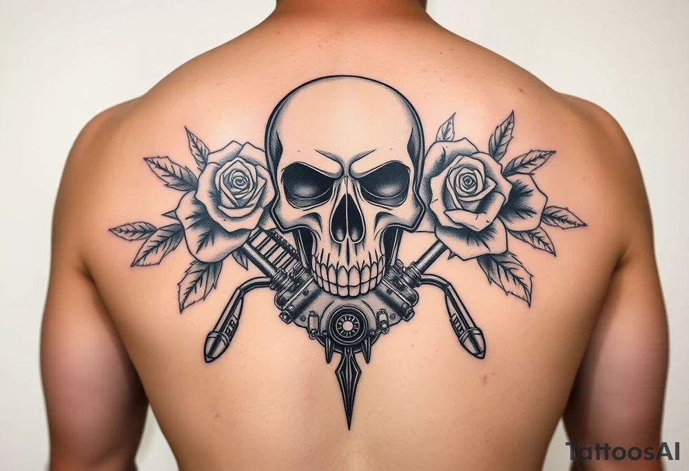 full back with Skull and motorcycle engine with
 roses tattoo idea