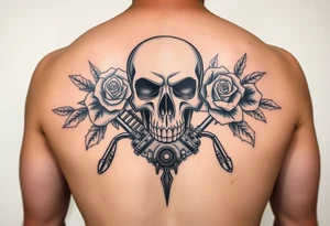 full back with Skull and motorcycle engine with
 roses tattoo idea