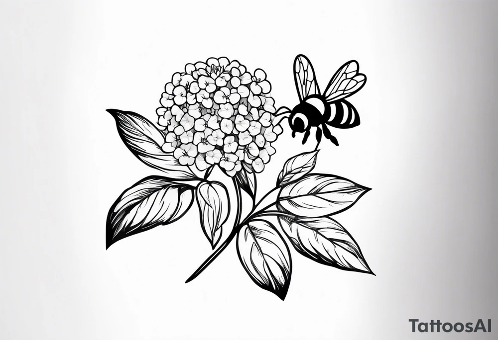 Small black and white minimalist tattoo for forearm of a Hydrangea and a small bee. No color tattoo idea