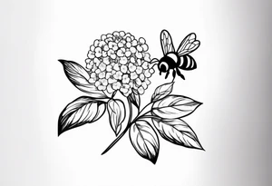 Small black and white minimalist tattoo for forearm of a Hydrangea and a small bee. No color tattoo idea
