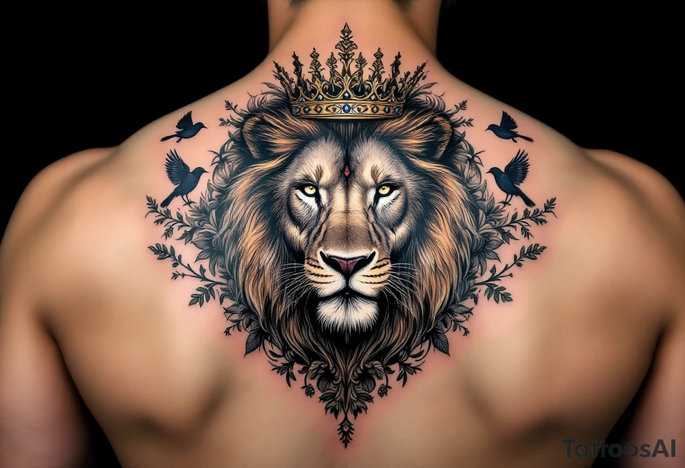 powerful majestic lion with a crown, surrounded by floral ornaments and birds tattoo idea
