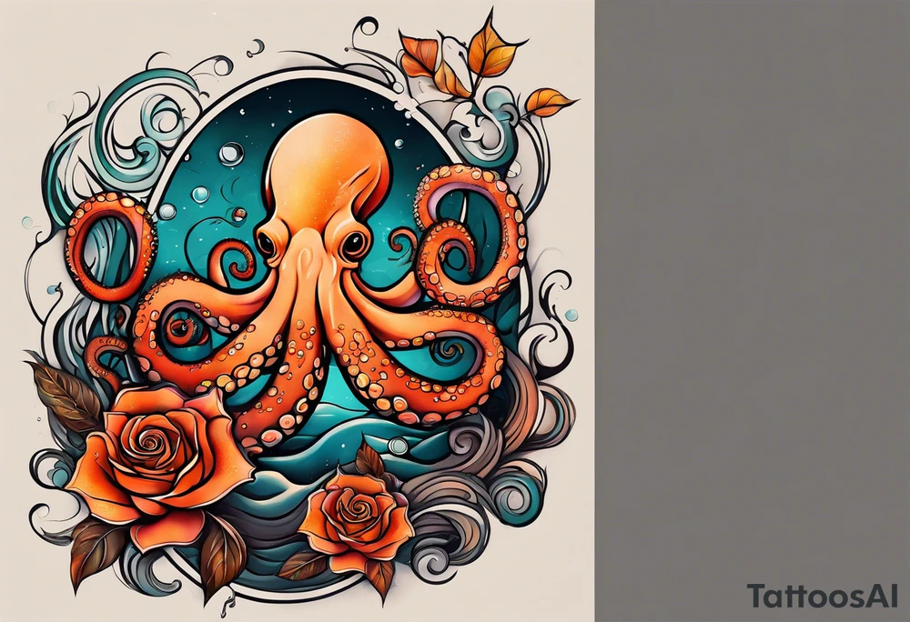 masculine abstract left thigh tattoo with a large long flowing octopus in water swirls wrapping around rocks, a rose, in fall colors with some small leaves and fall elements tattoo idea