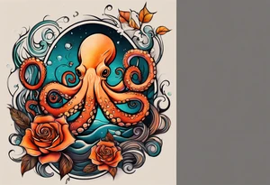 masculine abstract left thigh tattoo with a large long flowing octopus in water swirls wrapping around rocks, a rose, in fall colors with some small leaves and fall elements tattoo idea