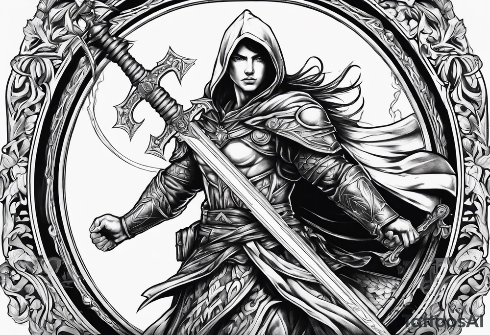 Arch angel hood fighting sword tattoo idea