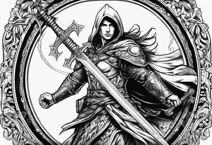 Arch angel hood fighting sword tattoo idea