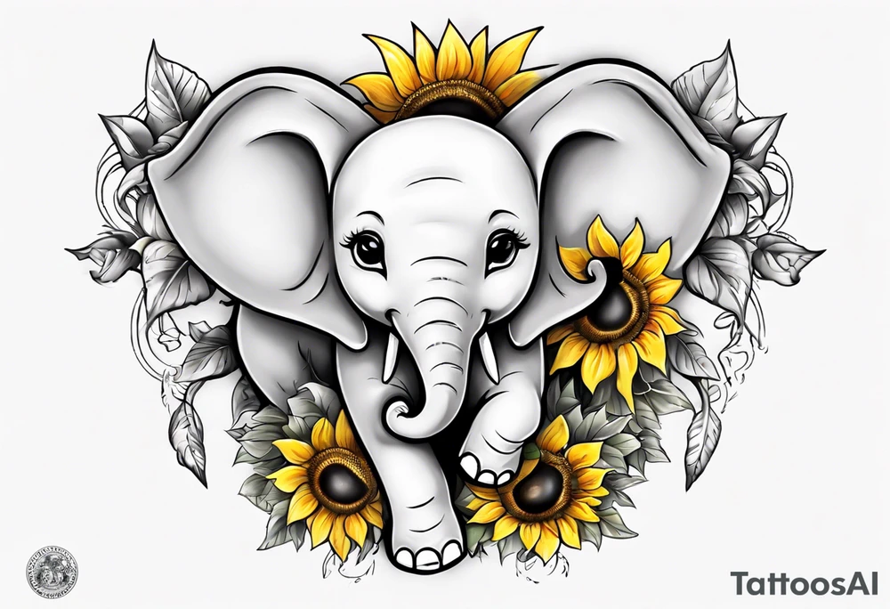 Under boob sternum baby elephant with sunflowers tattoo idea