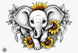 Under boob sternum baby elephant with sunflowers tattoo idea