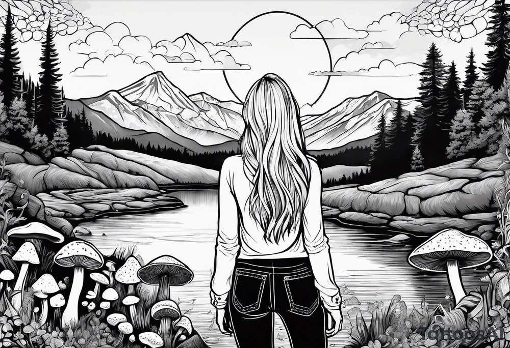 Whole picture encircled fully

Straight long blonde hair hippie girl in distance holding mushrooms in hand facing away toward mountains and creek surrounded by mushrooms long sleeve shirt and hiking pants; whole rendering within a full circle, no cut off circle tattoo idea