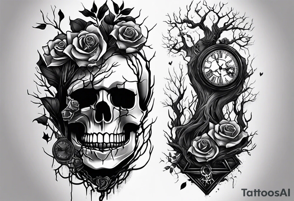 tattoo sleeve, tree roots break out of the chains at the bottom of the hand, Symbolizing loss, an image of a broken mask, Clock with flying numbers, girl, skull, roses tattoo idea