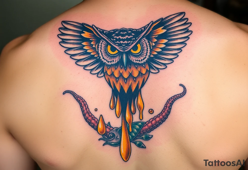 Honey comb, owl dripping honey over sea creatures tattoo idea