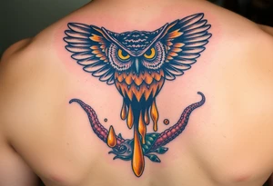 Honey comb, owl dripping honey over sea creatures tattoo idea