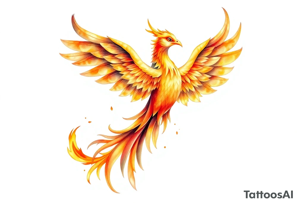 magnificent phoenix rising from golden flames with trailing embers tattoo idea