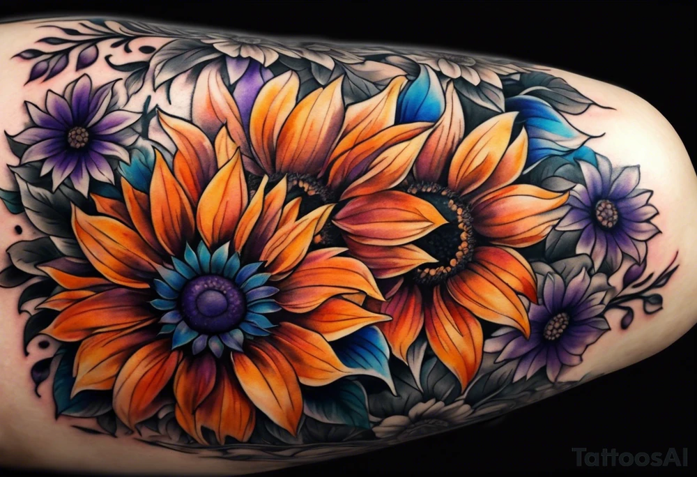 Full arm sleeve with purple, orange and blue sunflowers tattoo idea