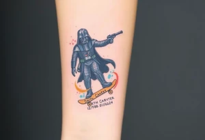 Darth Vader skateboarding with gun> bullets > memorial > god > colors > futuristic/space/star wars
add name "Darth Carter" on skateboard
add date 12/29/88-01/06/24 tattoo idea