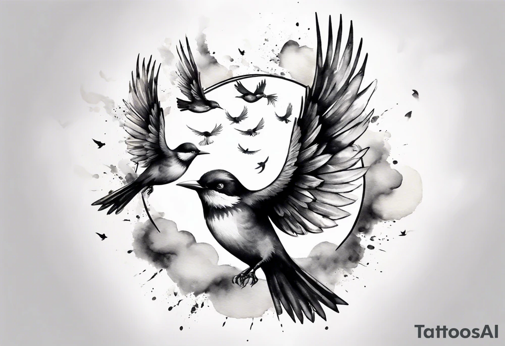 shoulder tattoo with light rays with birds flying free among the clouds, round shape, 3d effect tattoo idea