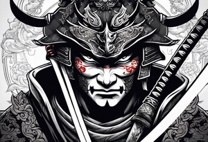 samurai with a hannya mask that covers half of his face who is in a slightly tilted posture holding a katana in an attack position tattoo idea