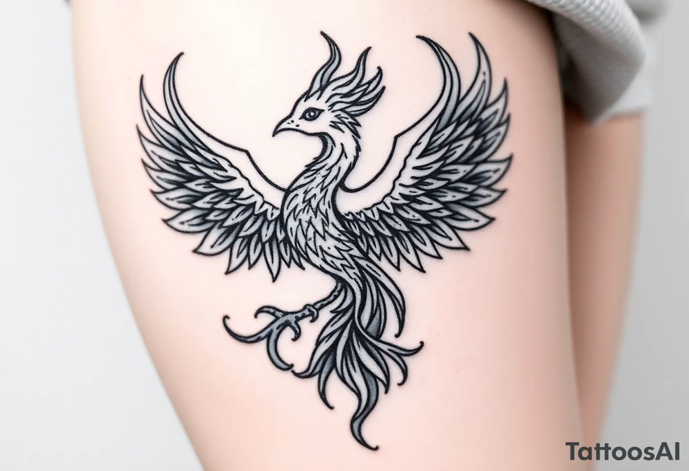 majestic fiery phoenix surrounded by fire, with a crown of fire flapping wings with a flaming tail tattoo idea