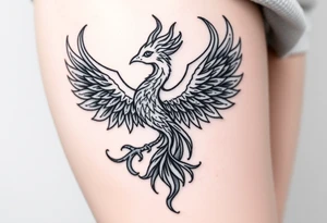 majestic fiery phoenix surrounded by fire, with a crown of fire flapping wings with a flaming tail tattoo idea