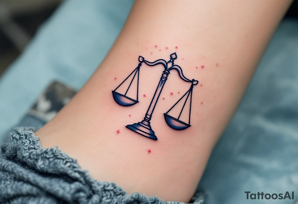 A stylized set of scales rests over a navy Libra star constellation with tiny stars in pastel pink. tattoo idea