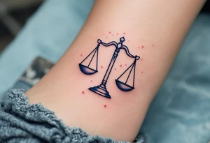 A stylized set of scales rests over a navy Libra star constellation with tiny stars in pastel pink. tattoo idea