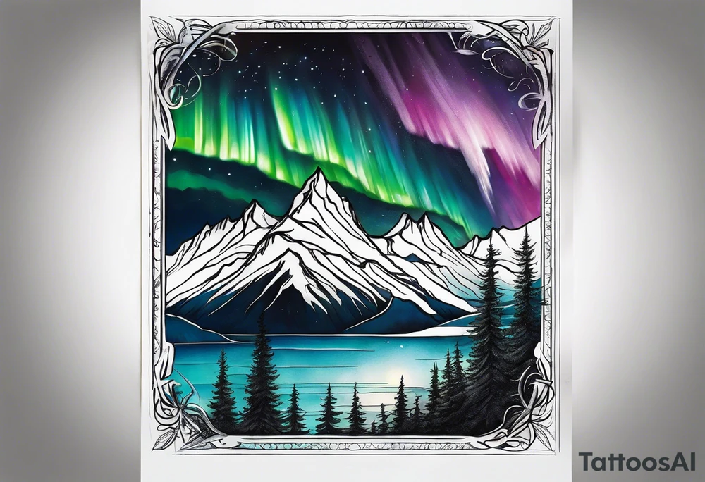 northern lights and mountain square shaped tattoo idea