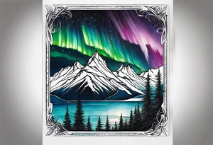 northern lights and mountain  square shaped tattoo idea
