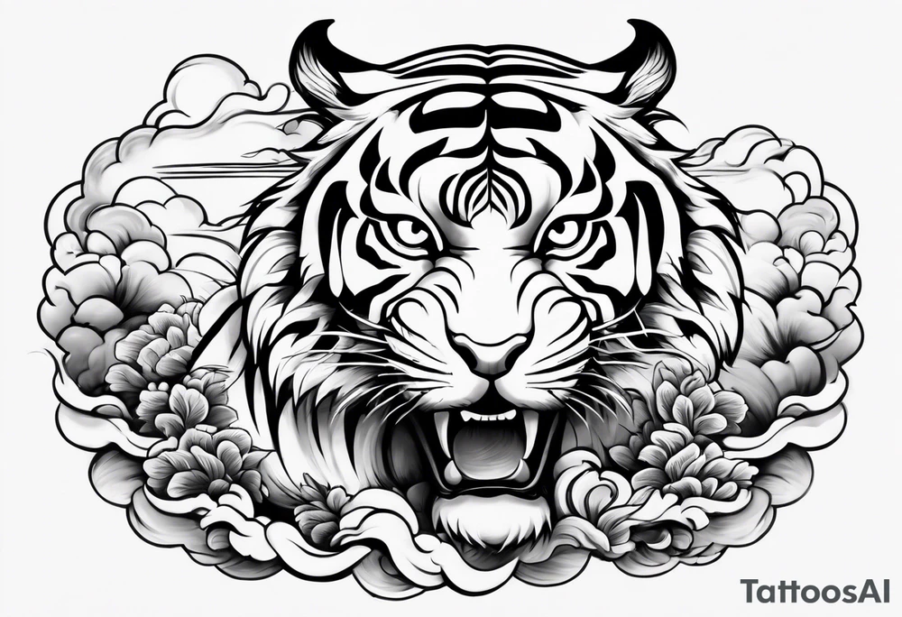 Asian Japanese Chinese style tiger twisting body for a forearm half sleeve, clouds tattoo idea