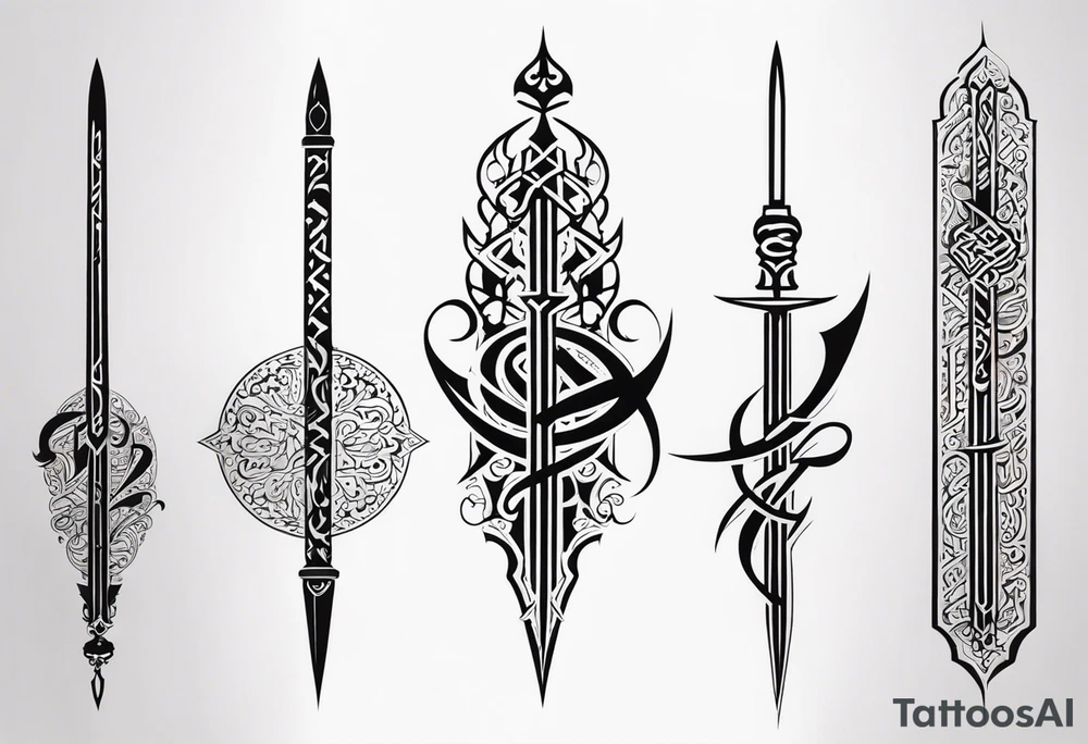 words in arabic calligraph in shape of sword tattoo idea