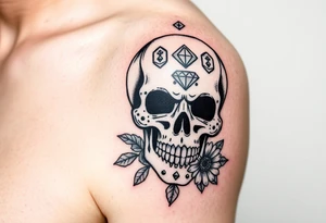 Masculine sugar skull with diamonds and daisy tattoo idea