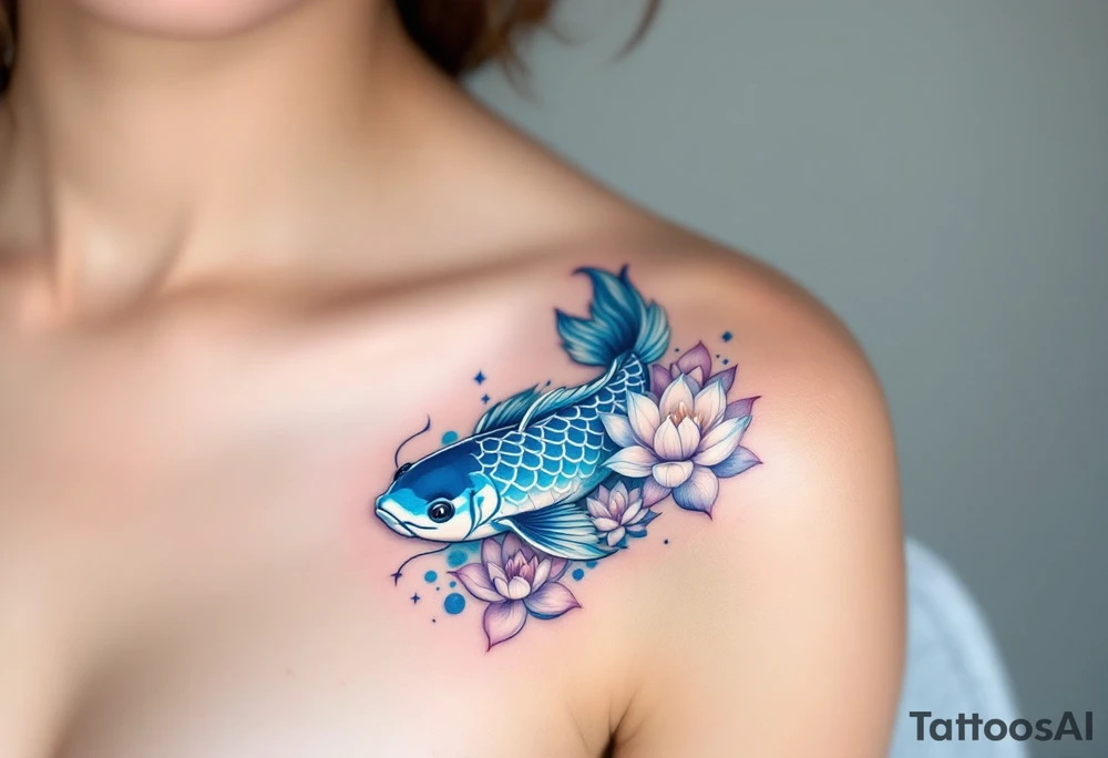 Blue and Silver Koi with Lotus Flowers – A calming blue koi accented with silver scales, surrounded by blooming lotuses in shades of pale purple and white, symbolizing purity and transformation. tattoo idea