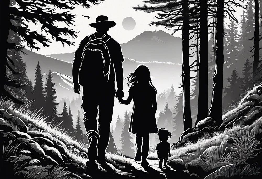 A shadow of a Man and Woman and young son and young daughter  walking through the Pacific Northwest Forrest. Crosses. tattoo idea