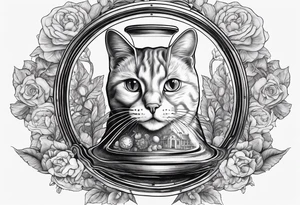 Brain in sagittal section and coguar cat face inside hourglass. Brain in lower level, coguar in an upper level tattoo idea