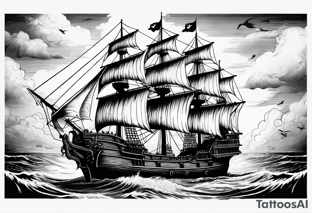 Queen Anne's Revenge pirate ship with captain Blackbeard tattoo idea