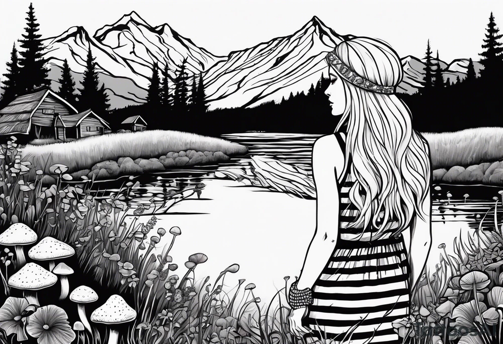 Straight long blonde hair hippie girl in distance holding mushrooms in hand facing away toward mountains and creek surrounded by mushrooms black and white striped dress tattoo idea