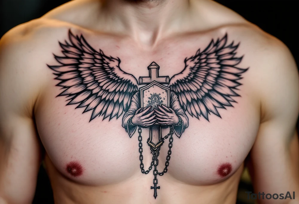 Angel hold headstone in hands with a cross chain hanging down with large wings tattoo idea