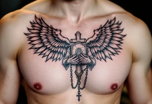 Angel hold headstone in hands with a cross chain hanging down with large wings tattoo idea