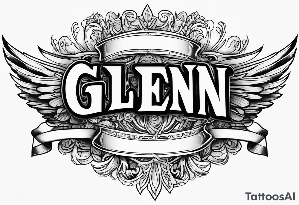 The word Glenn on a banner with angel Wings tattoo idea