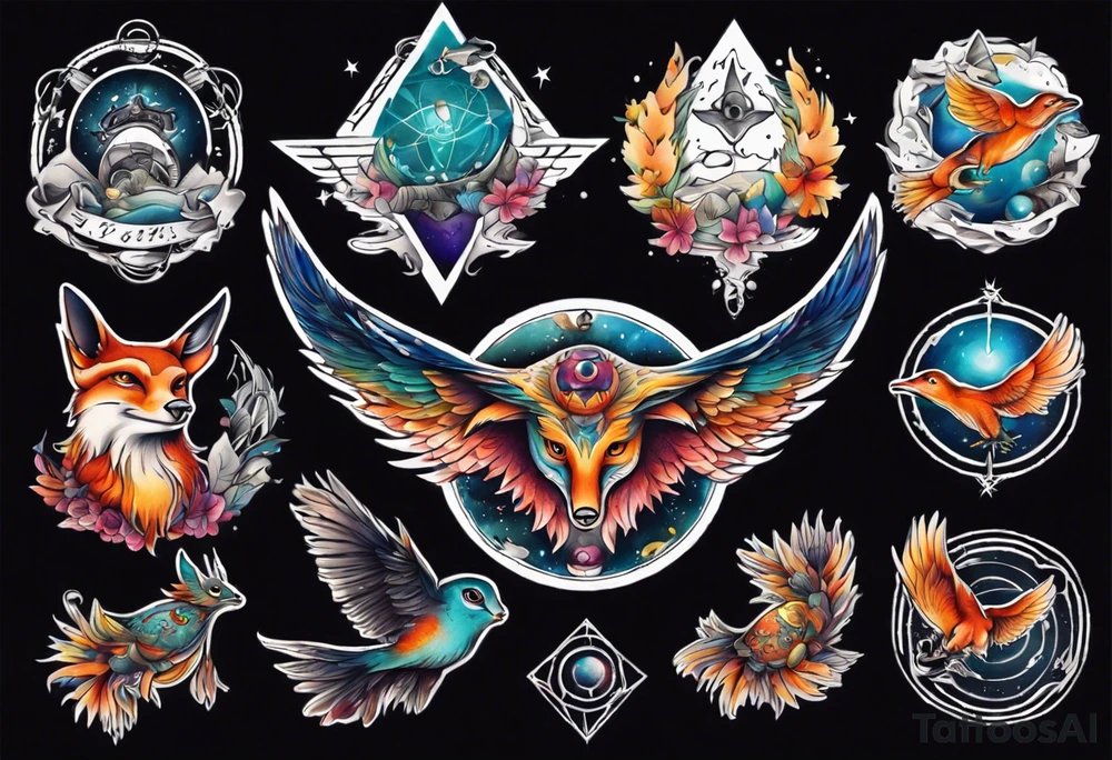 fisch, fuchs und eule , symetrie universum, bunt tattoo idea