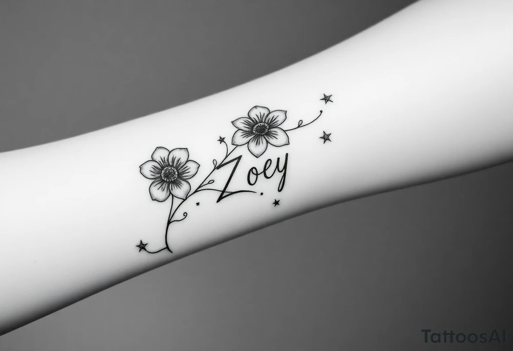I want it on my wrist. I want a beautiful flower on the inside of my wrist with tendrils down the inside of my arm with little delicate stars or motes and the name Zoey

Why are you showing it on a back? I want it on the inside of my wrist

I want it to be a little smaller. I want the lines to be super fine. I want more organic delicate tendrils. The name Zoey should be about 3" up on the inside of my arm 

Ok now more stars. I just want the tnedrils to look more natural and flowy and graceful tattoo idea