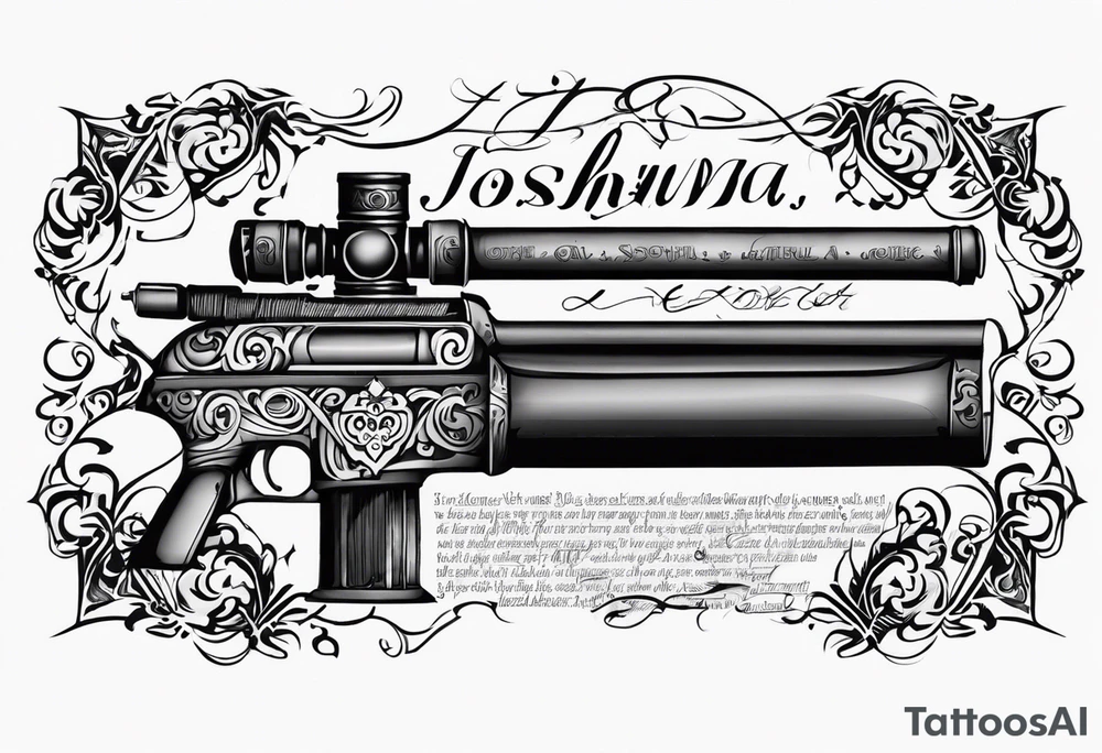 Joshua 1:9 bible verse on a scroll written on a beaten up scroll and nailed onto the firearm tattoo idea